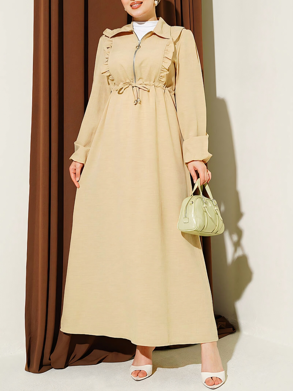 Modest Beige Ruffle-Trim Zip-Front Maxi Dress